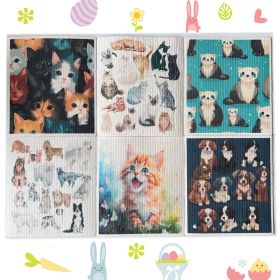 Household Wood Pulp Cotton Cleaning Cloth And Dishwashing (Option: Cute Pet Cat 6 Pieces-19x17x0.2cm)