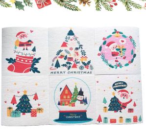 Household Wood Pulp Cotton Cleaning Cloth And Dishwashing (Option: Christmas Theme White 6 Pieces-19x17x0.2cm)