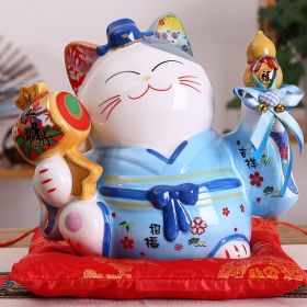 Ceramic Lucky Cat Japanese Cute Piggy Bank Decoration (Option: Blue Five Inch)
